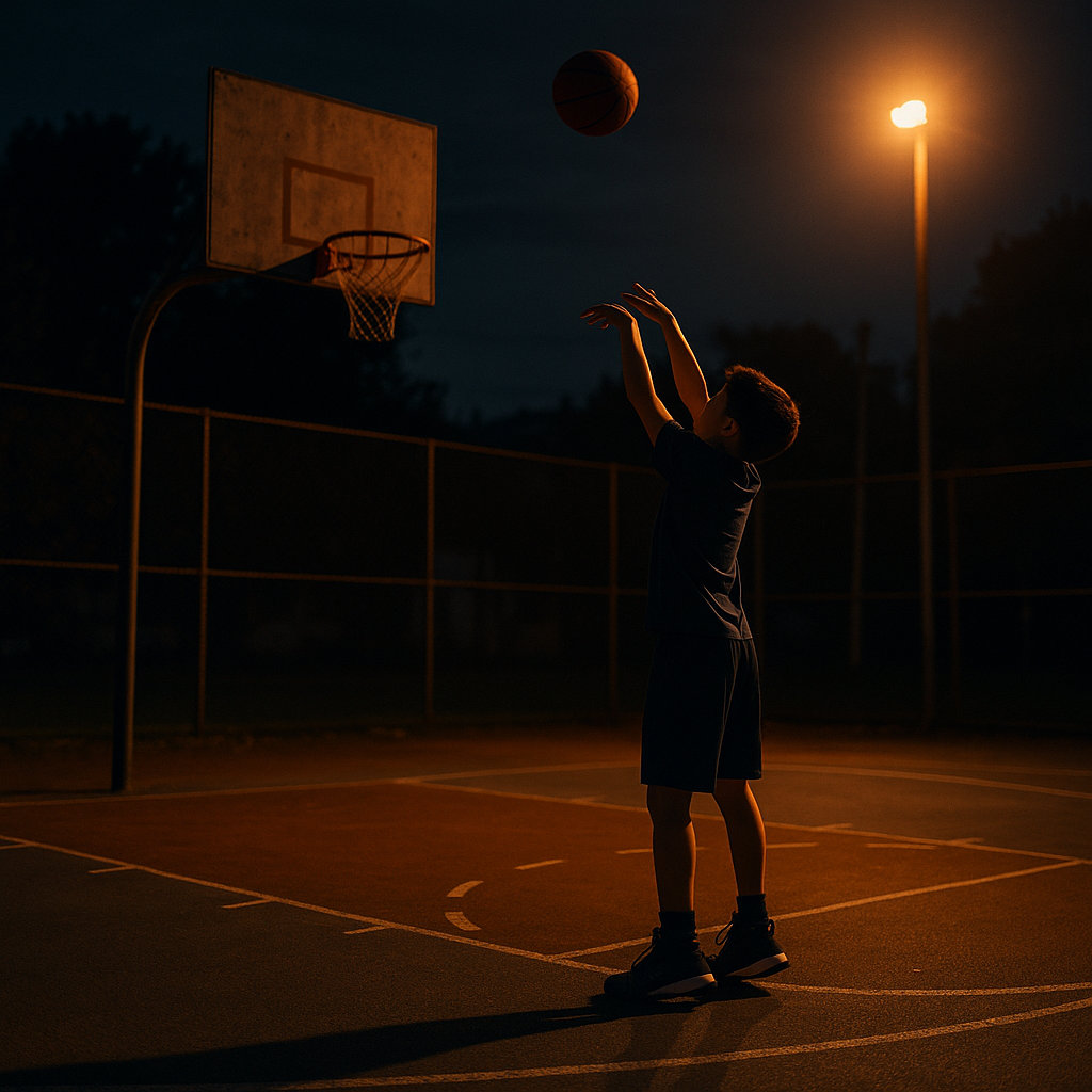 "A young boy practicing basketball alone at night on a dimly lit court, symbolizing persistence and obsession with success."