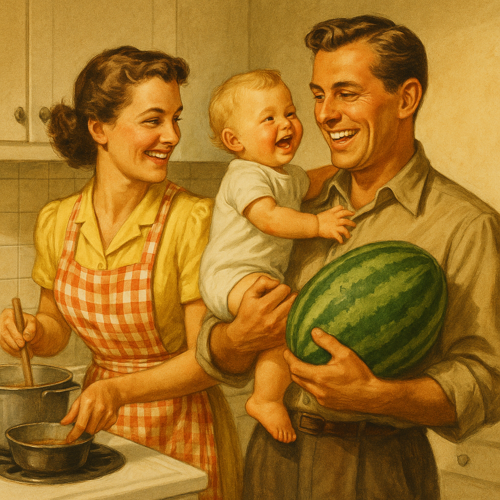 A vintage 1950s-style illustration of a happy family in the kitchen. The mother is cooking at the stove while smiling at the father, who is holding both a watermelon and their laughing baby. The scene feels warm, nostalgic, and joyful.