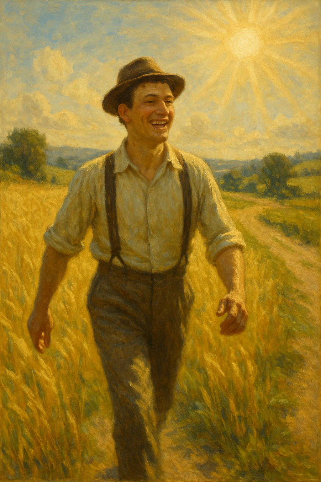 "Smiling man walking in a golden field under the sun, symbolizing mindfulness, meditation benefits, inner peace, and escaping modern distractions."