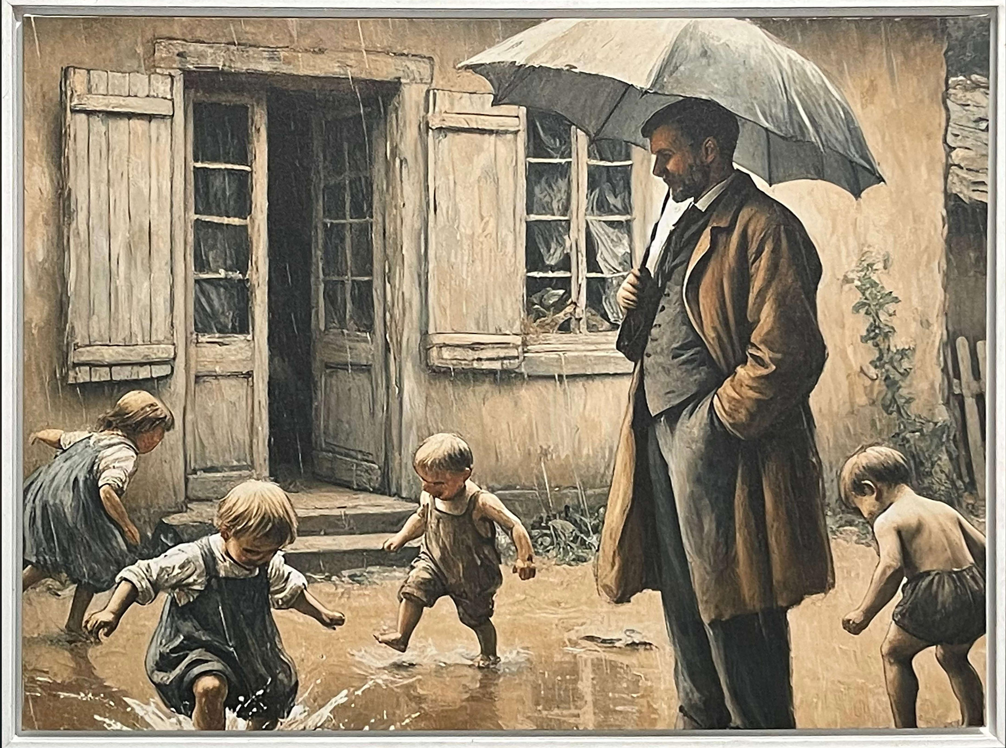 Canvas wall art of father with umbrella watching children play in the rain