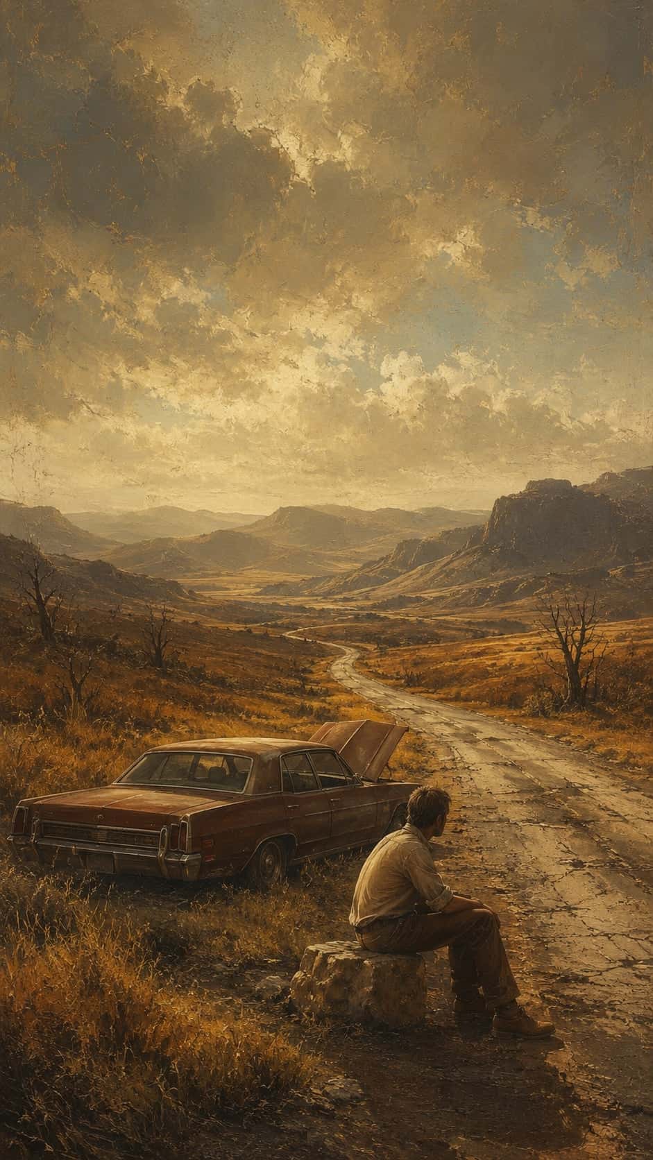 An oil painting of a man resting beside a broken-down car on a long road through a golden valley — there is a way out.